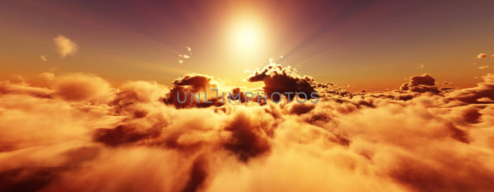 above clouds fly sunset sun ray illustration, 3d render