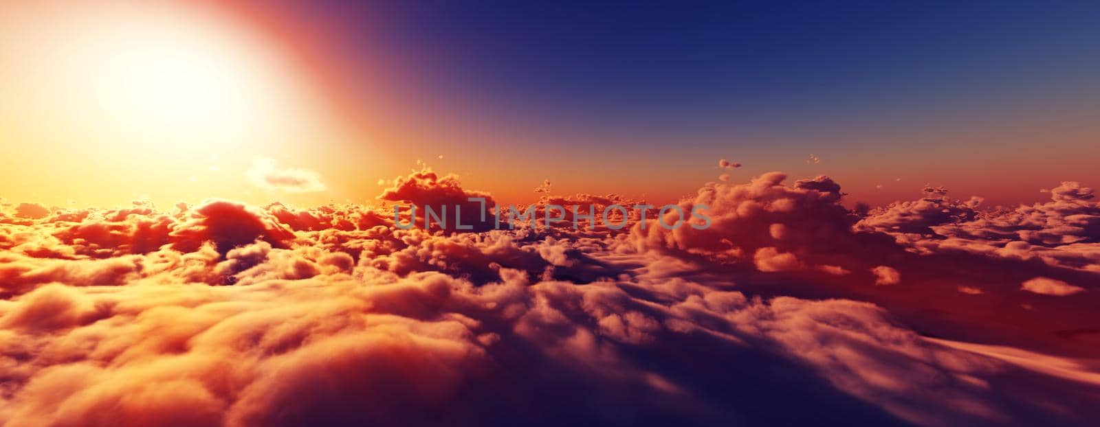 above clouds fly sunset sun ray illustration, 3d render