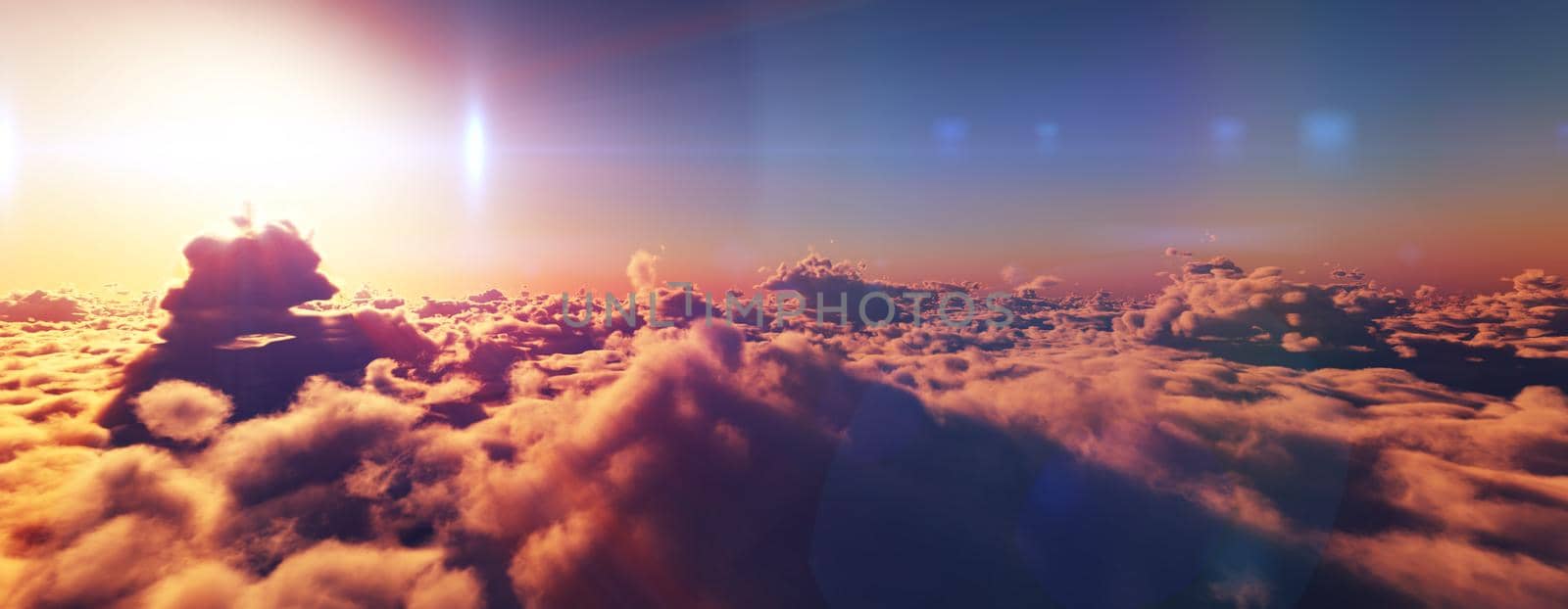 above clouds fly sunset sun ray illustration, 3d render