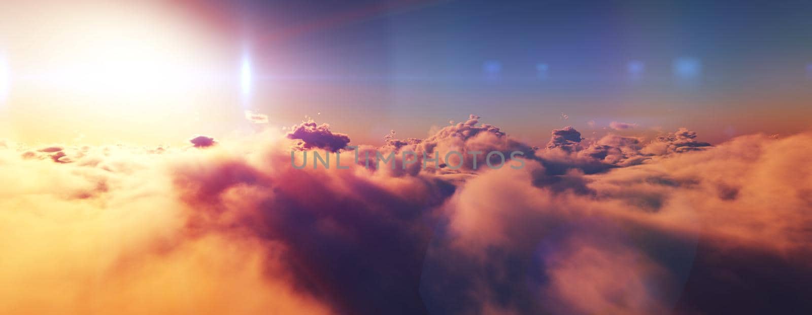 above clouds fly sunset sun ray illustration, 3d render