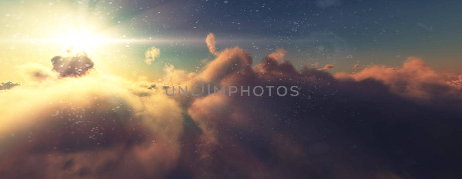 above clouds fly sunset sun ray illustration, 3d render