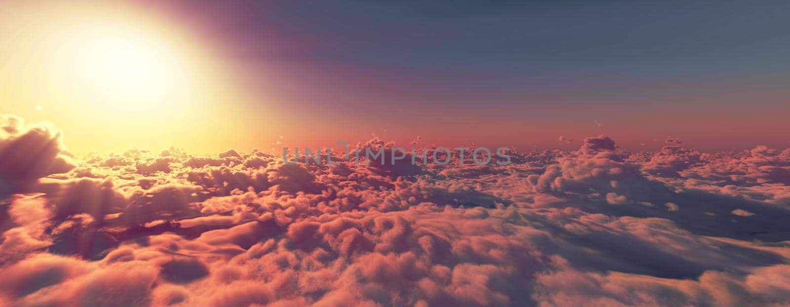 above clouds fly sunset sun ray illustration, 3d render