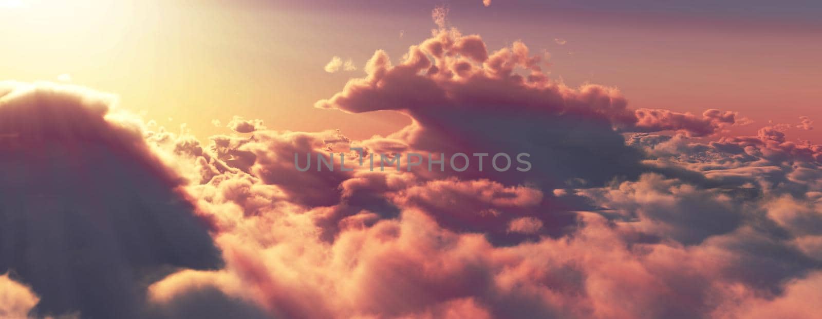 above clouds fly sunset sun ray illustration, 3d render