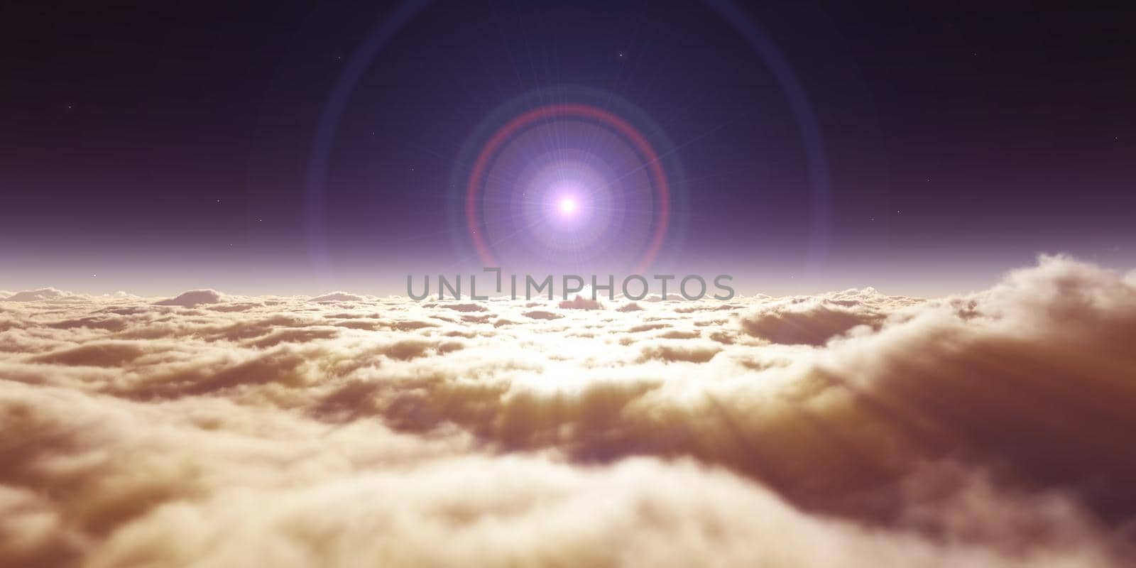 dream fly above clouds ray light, 3d rendering illustration