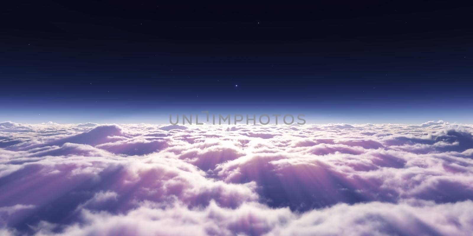 dream fly above clouds ray light, 3d rendering illustration