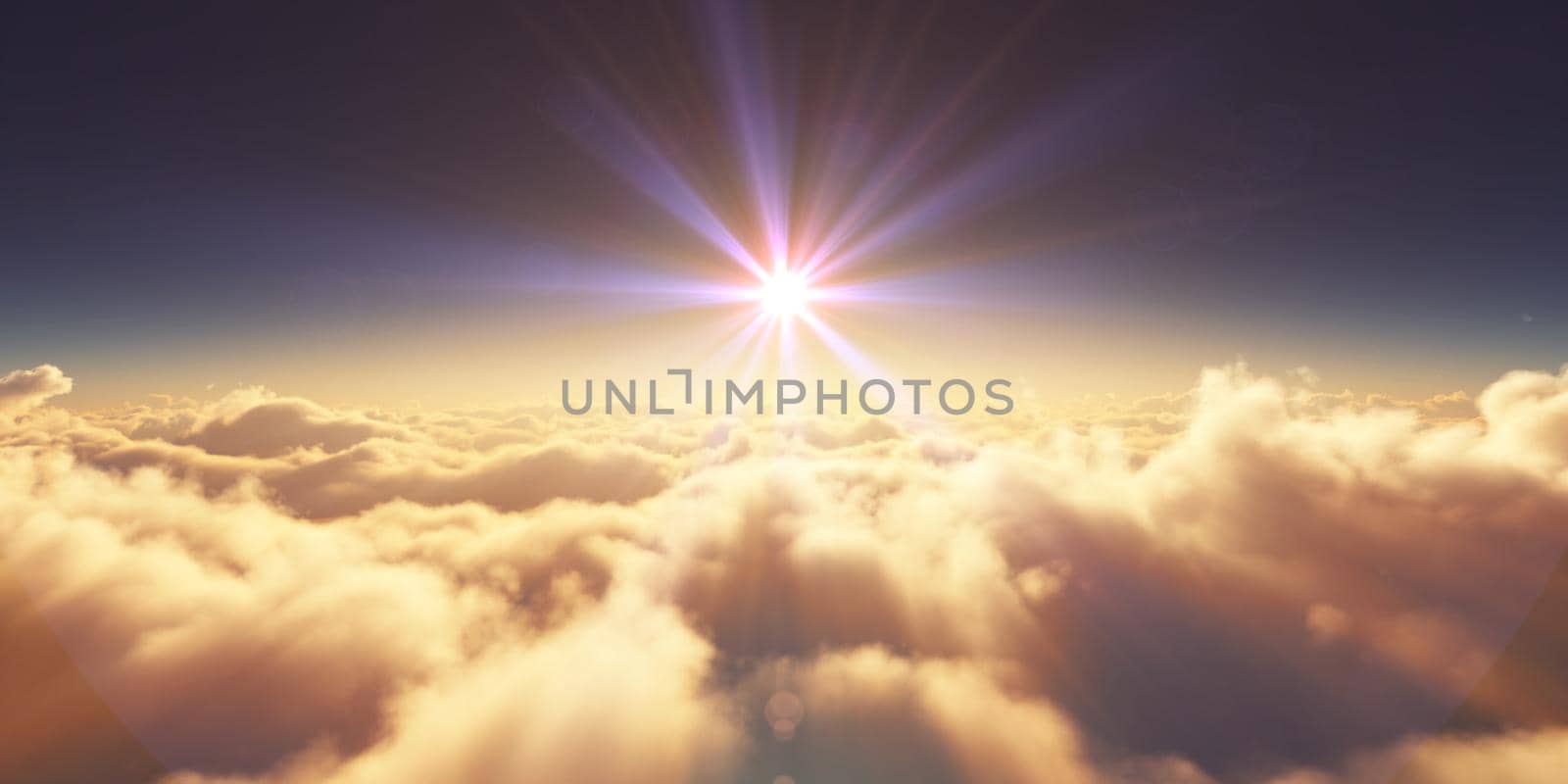 above clouds sunrise sun ray illustration, 3d rendering