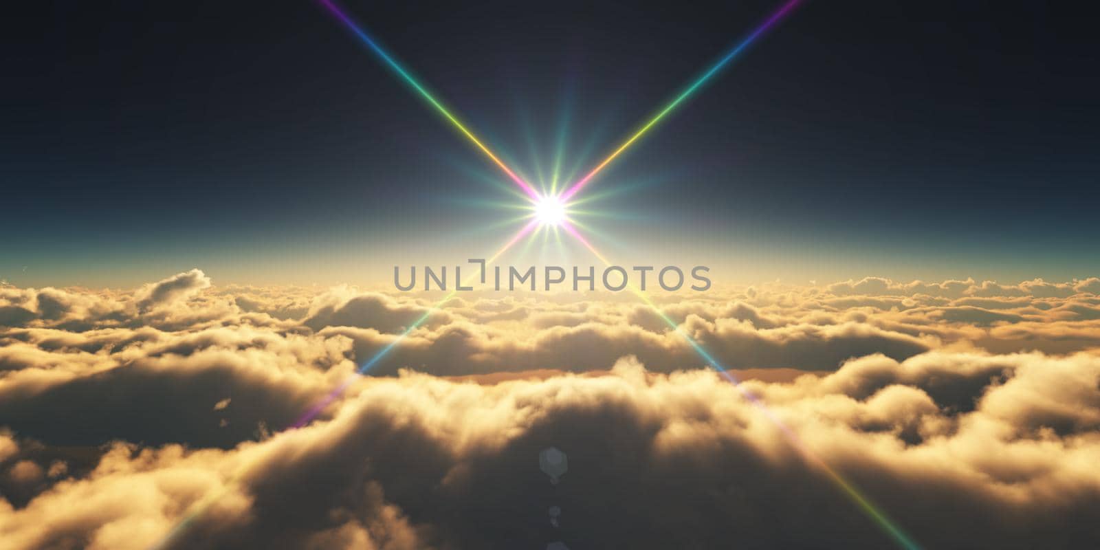 above clouds sunrise sun ray illustration, 3d rendering