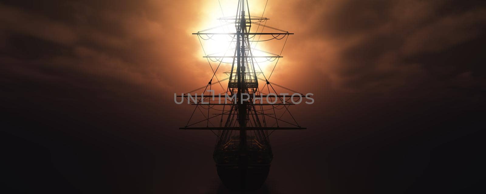 old ship sunset at sea 3d rendering illustration