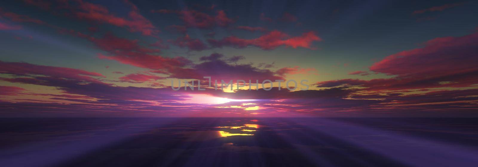 sunset calmly sea sun ray 3d render by alex_nako