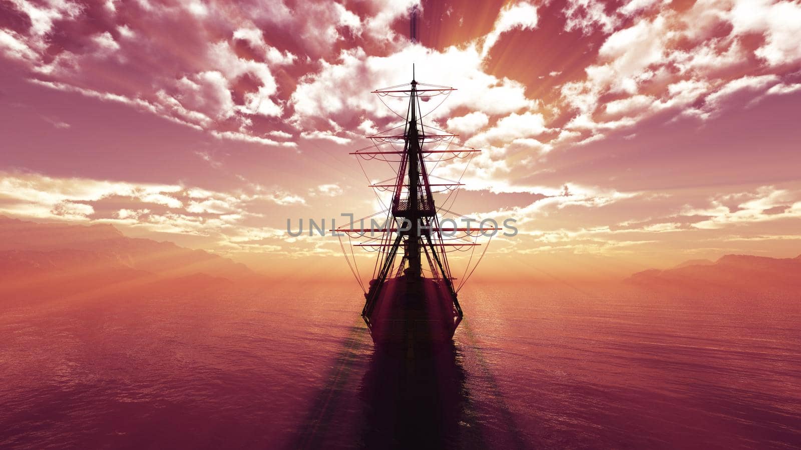 old ship sunset at sea illustration 3d rendering