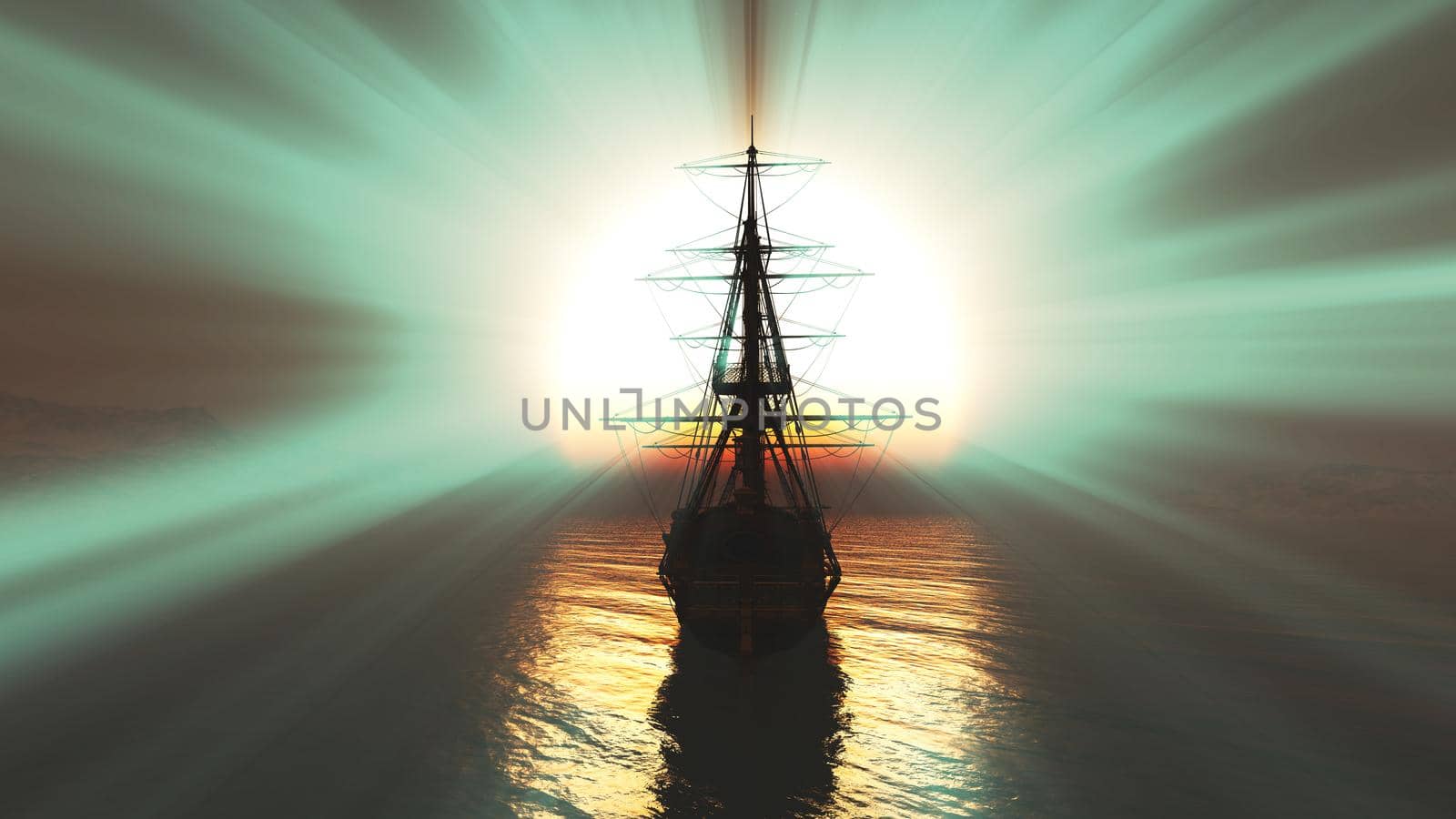 old ship sunset at sea 3d rendering by alex_nako