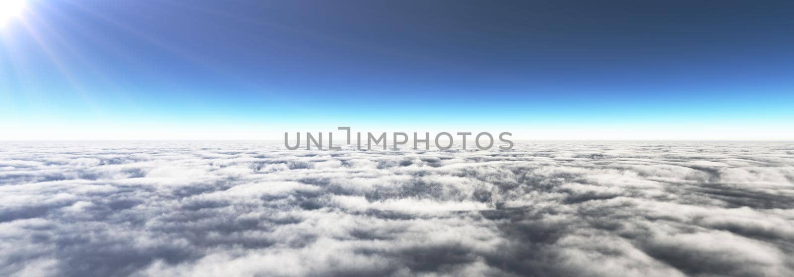 Above clouds sun ray, 3d rendering illustration