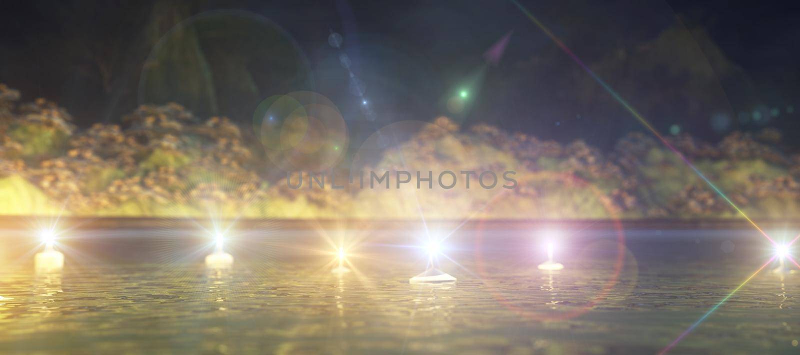 Abstract night background with candles in the water, 3d rendering illustration
