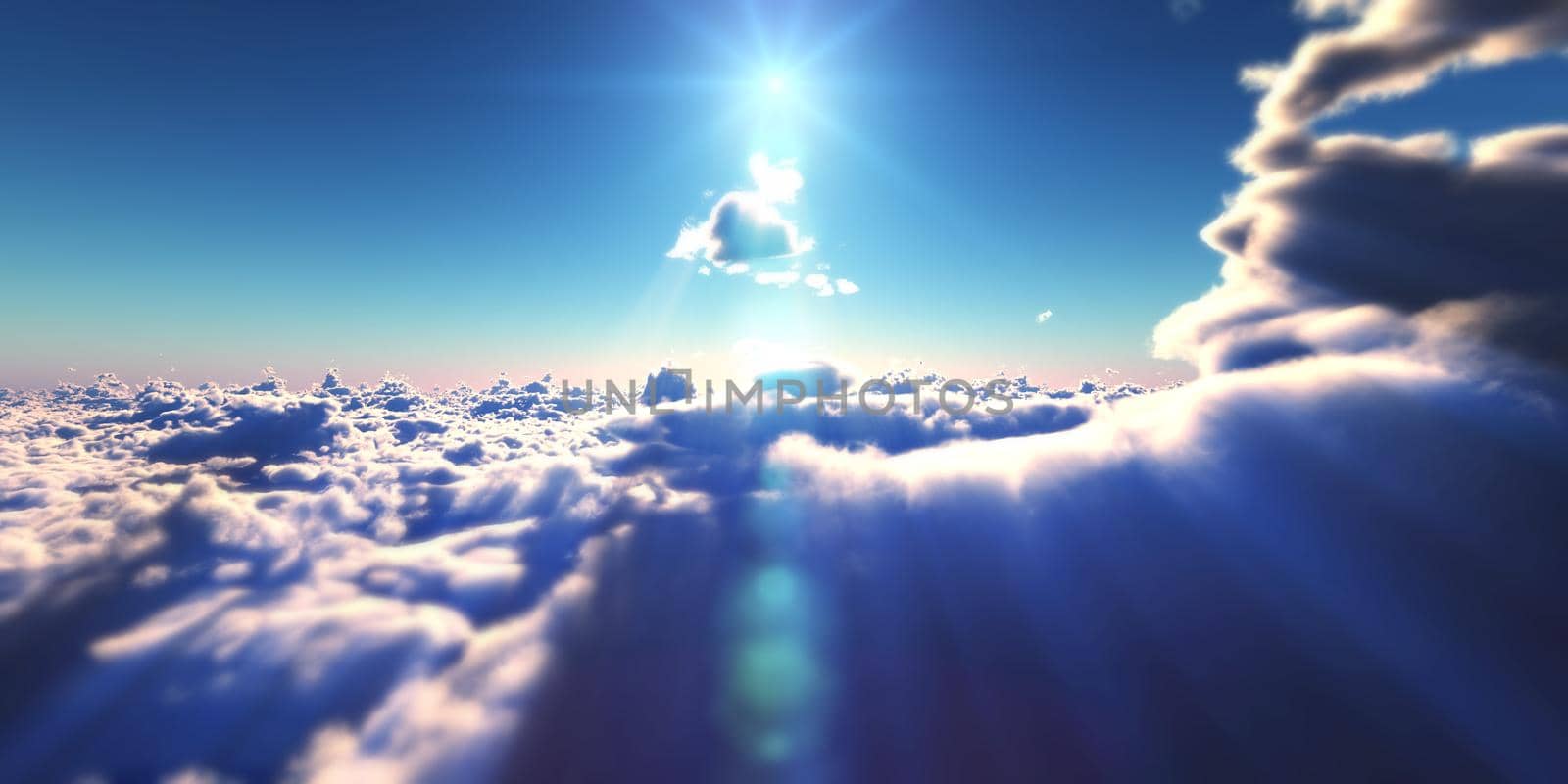 fly above clouds sunset landscape, 3d render illustration