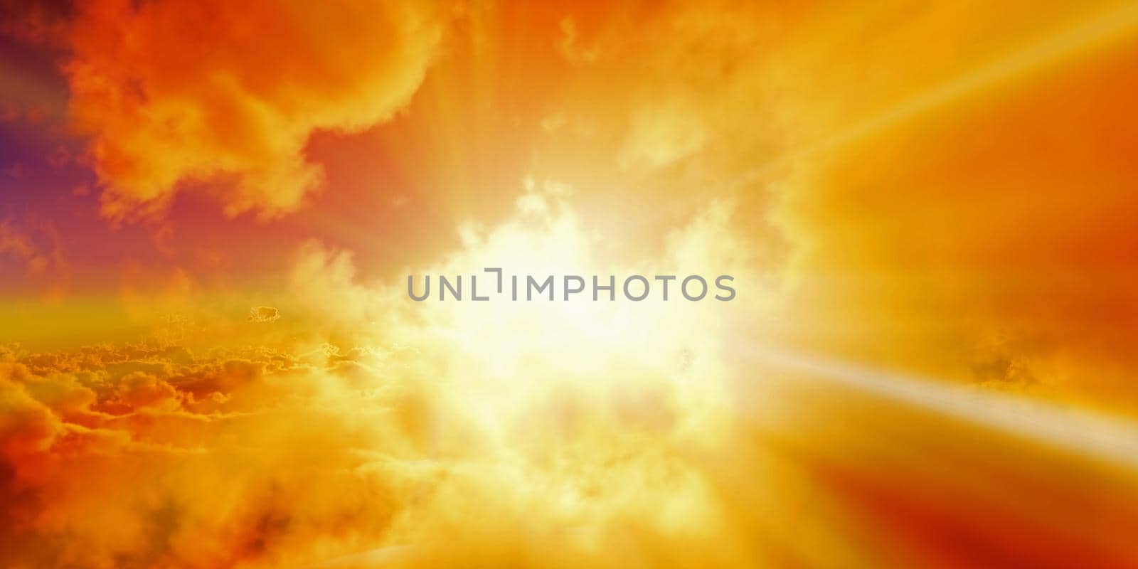 above clouds sun ray sunset. 3d render illustration