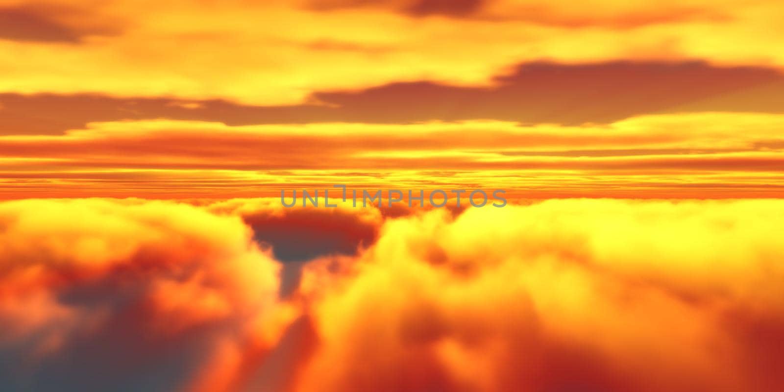 Beautiful aerial view above clouds with sunset. 3d illustration