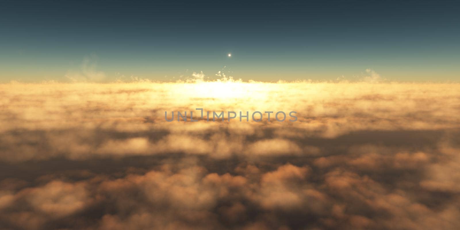 fly above clouds sunset landscape, 3d render illustration