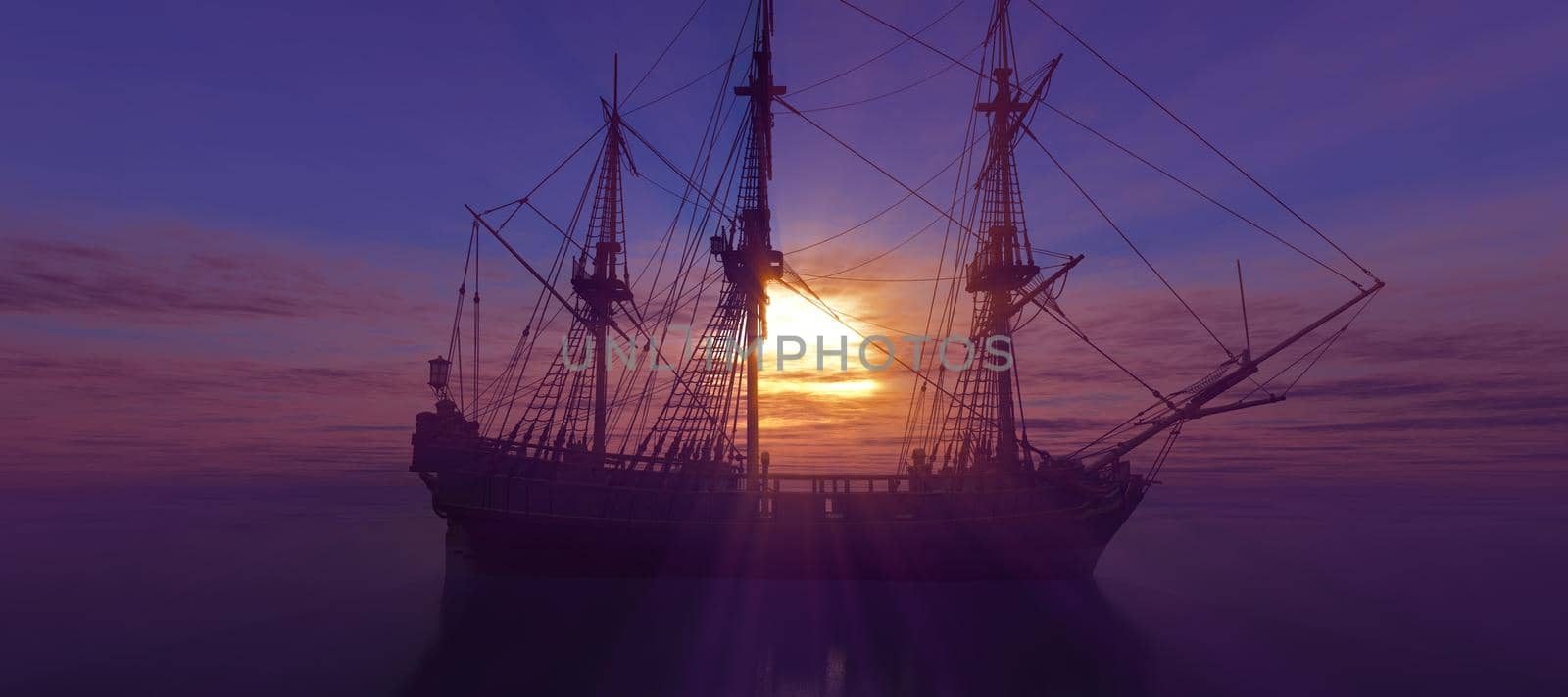 old ship sunset at sea 3d rendering by alex_nako