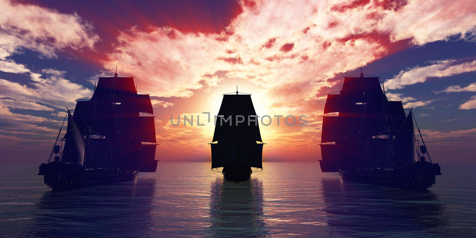 old three ships sunset at sea, 3d rendering by alex_nako