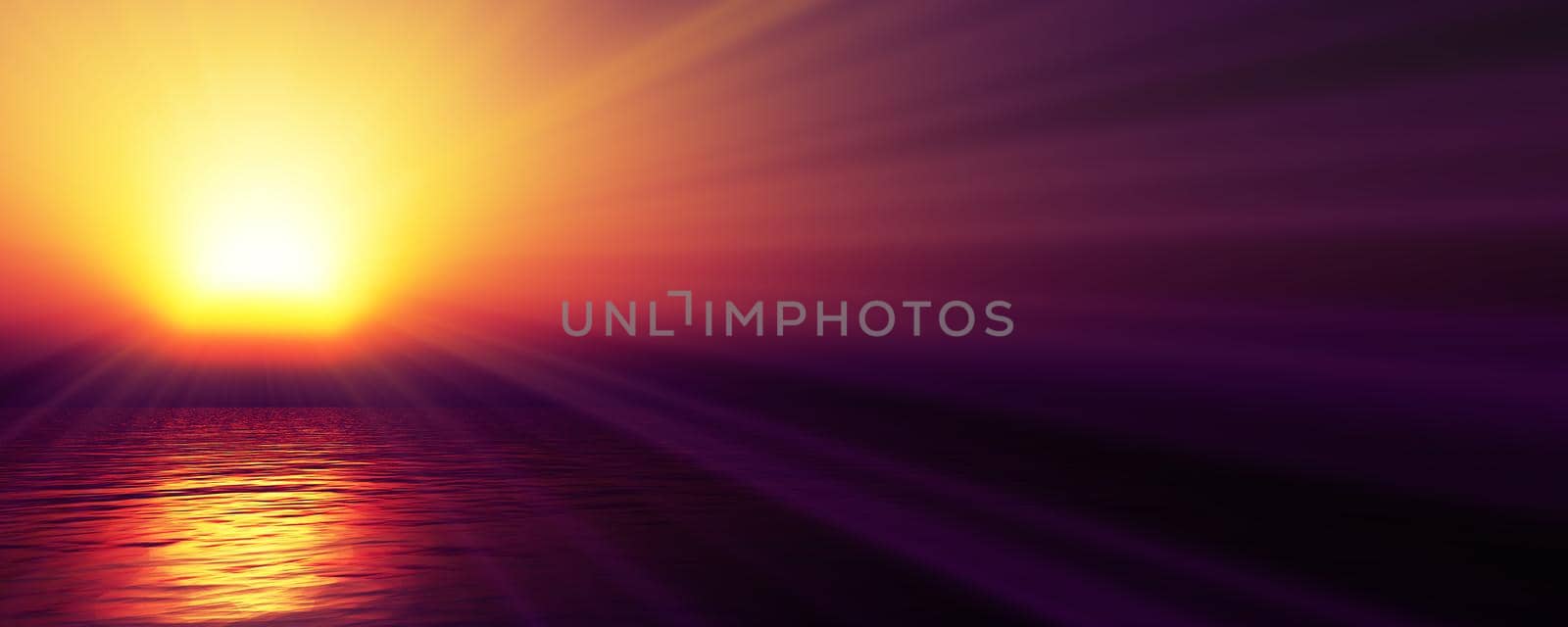 sunset sea sun ray clear sky, 3d rendering illustration