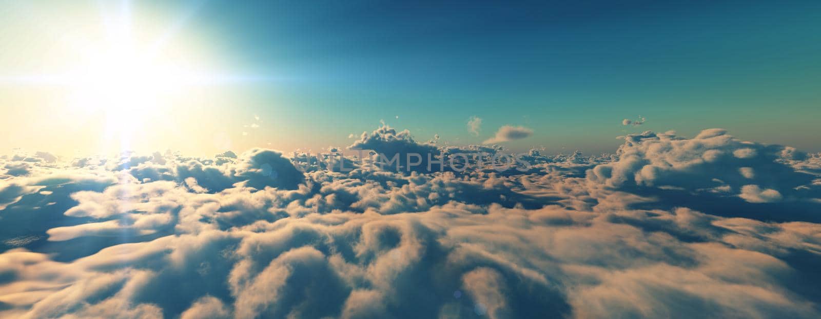 above clouds fly sunset sun ray illustration, 3d render