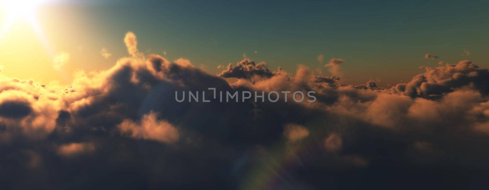 above clouds fly sunset sun ray illustration, 3d render