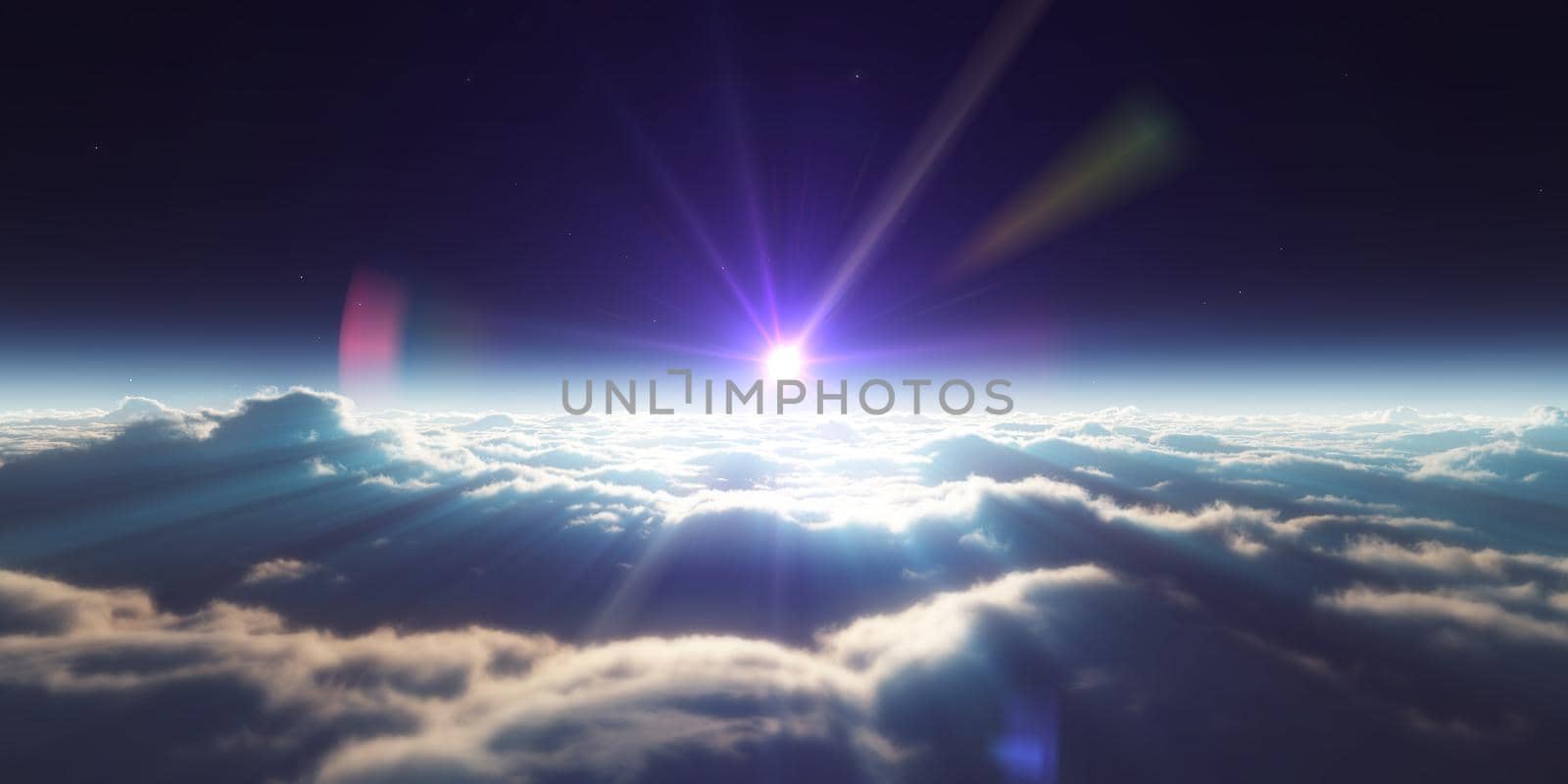 dream fly above clouds ray light, 3d rendering illustration