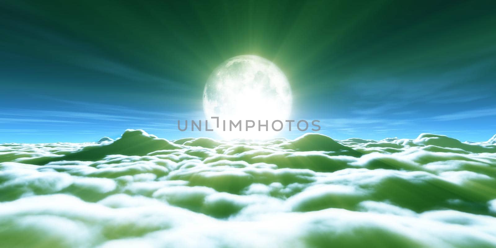 above clouds full moon illustration, 3d rendering