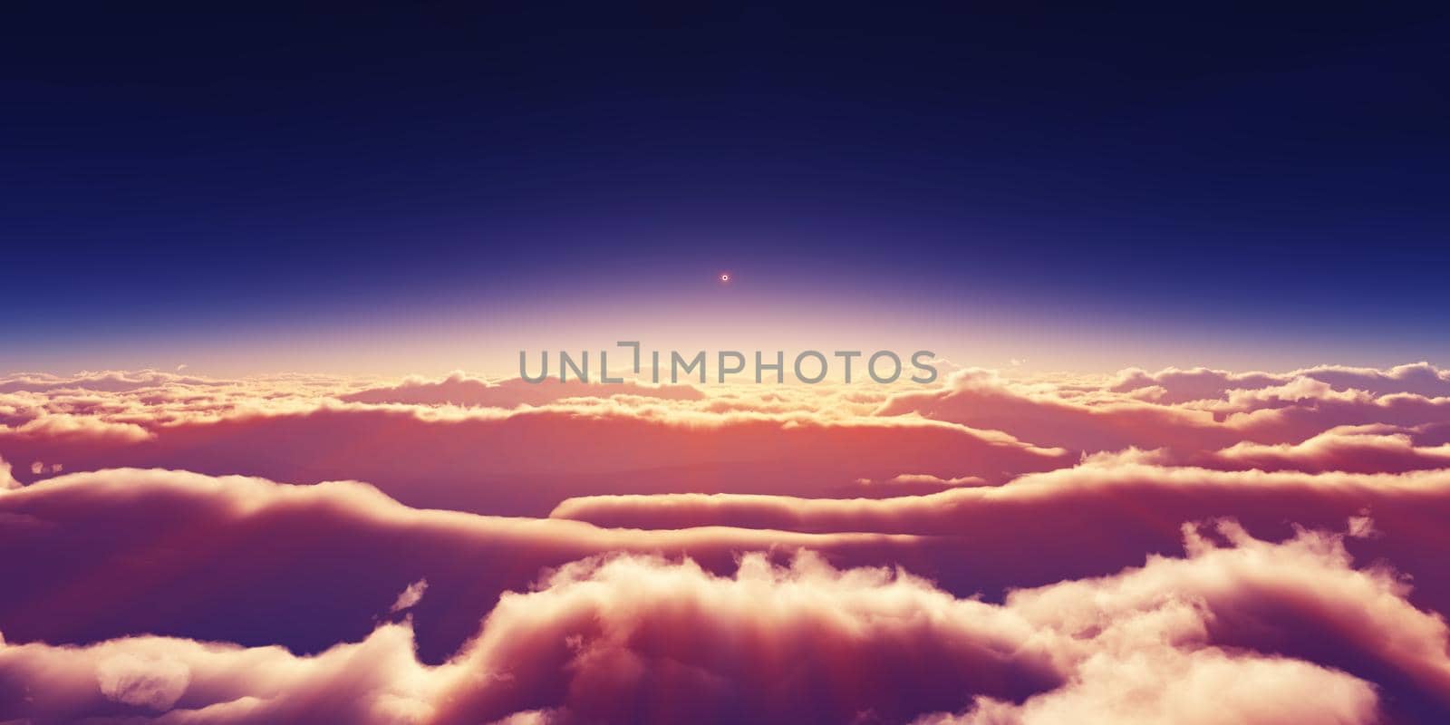 above clouds sunrise sun ray illustration, 3d rendering