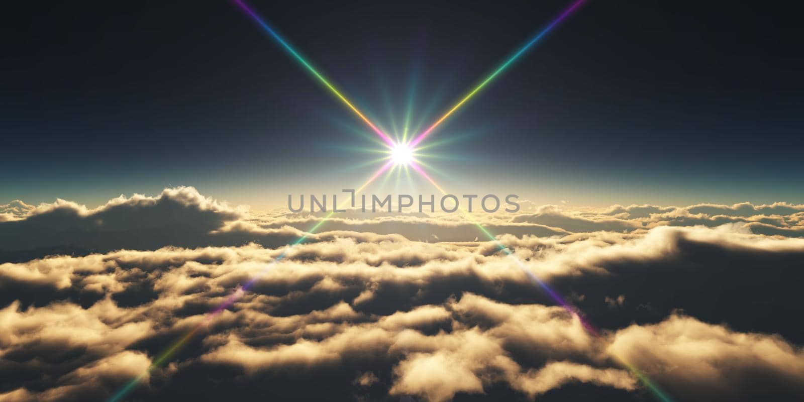 above clouds sunrise sun ray illustration, 3d rendering