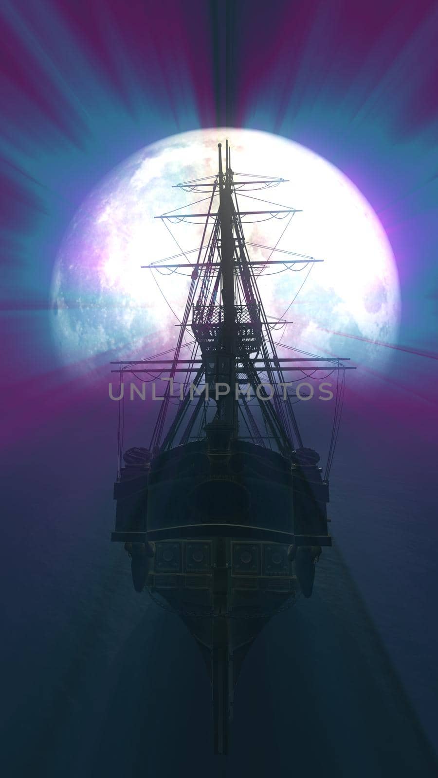 old ship in sea full moon illustration 3d rendering