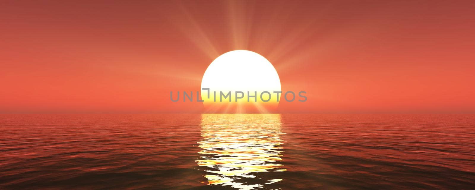 sunset sea sun ray clear sky, 3d rendering illustration