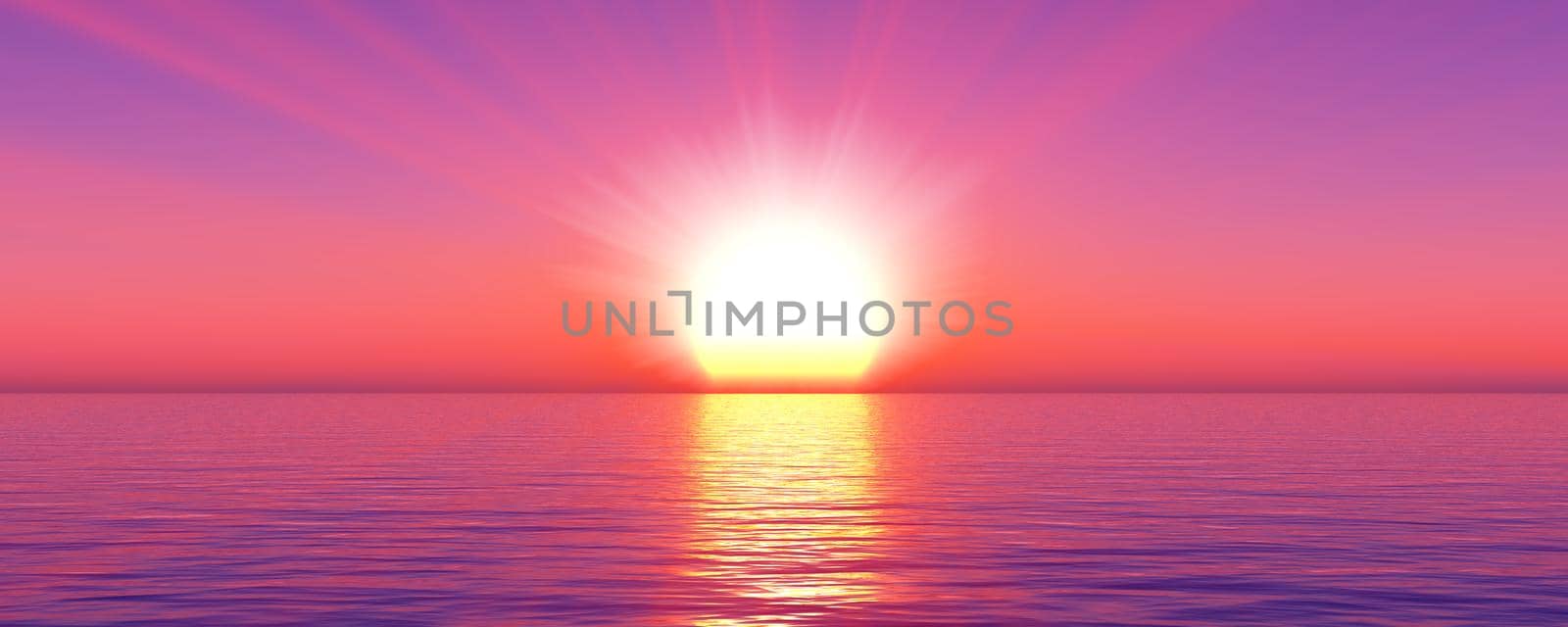 sunset sea sun ray clear sky, 3d rendering illustration