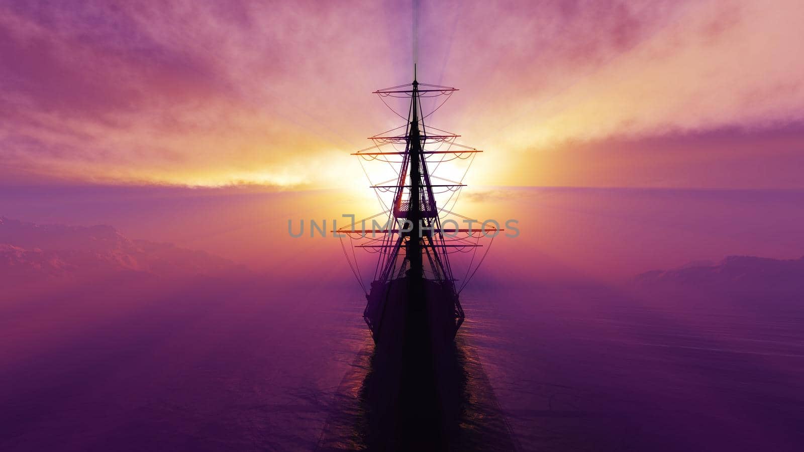 old ship sunset at sea 3d rendering by alex_nako