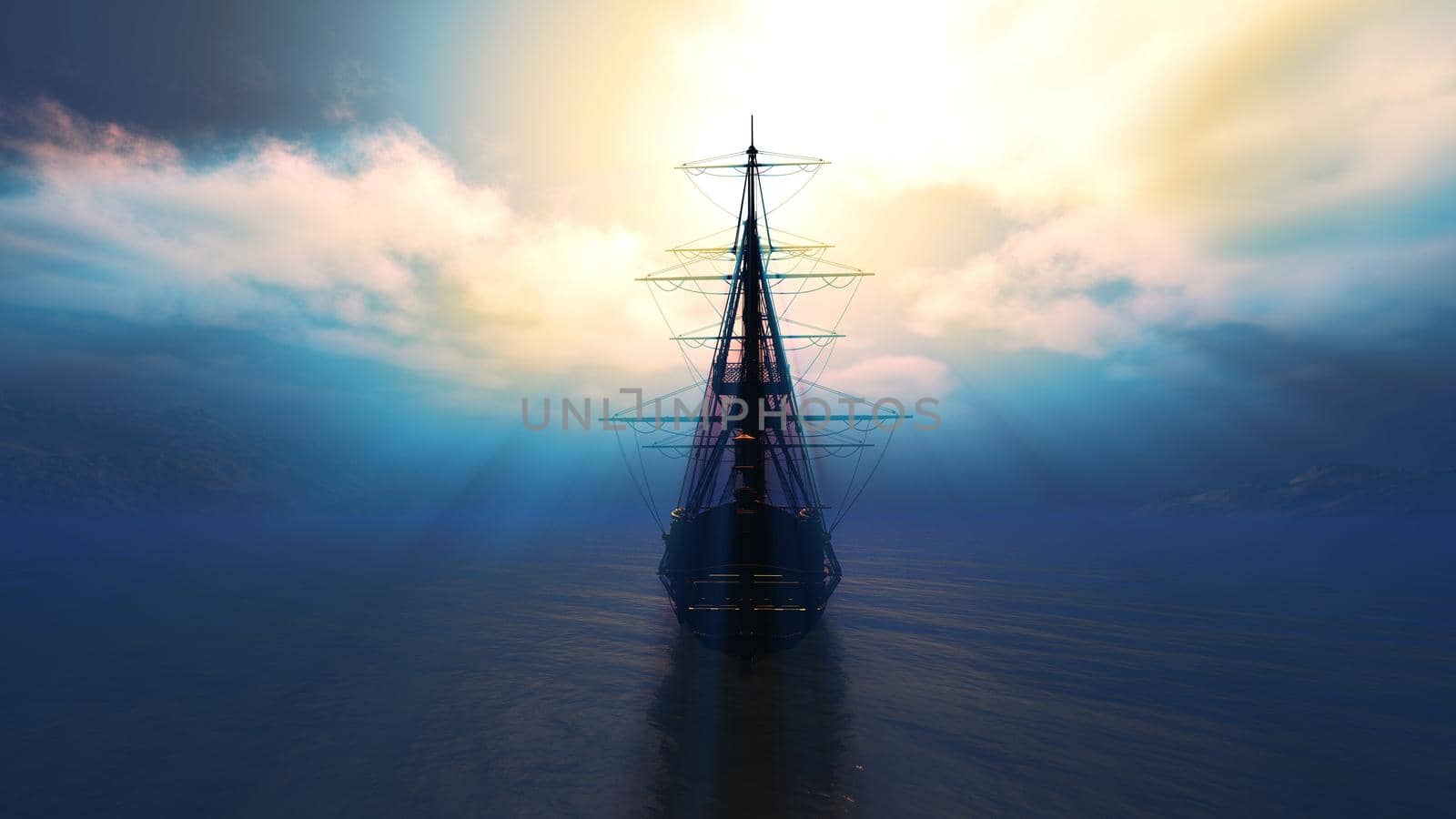 old ship sunset at sea 3d rendering by alex_nako