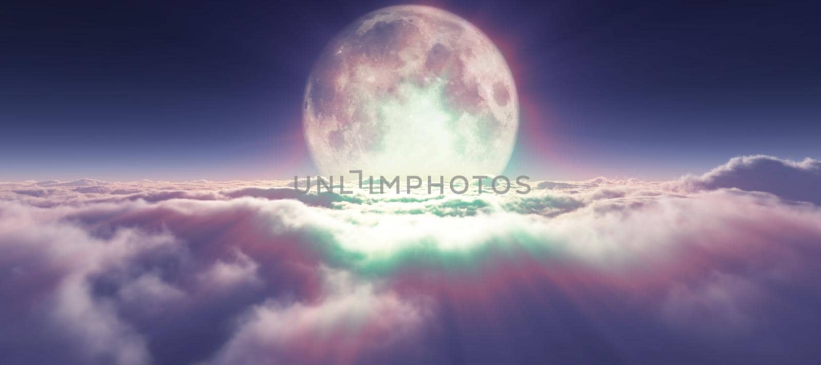 above clouds full moon illustration, 3d rendering