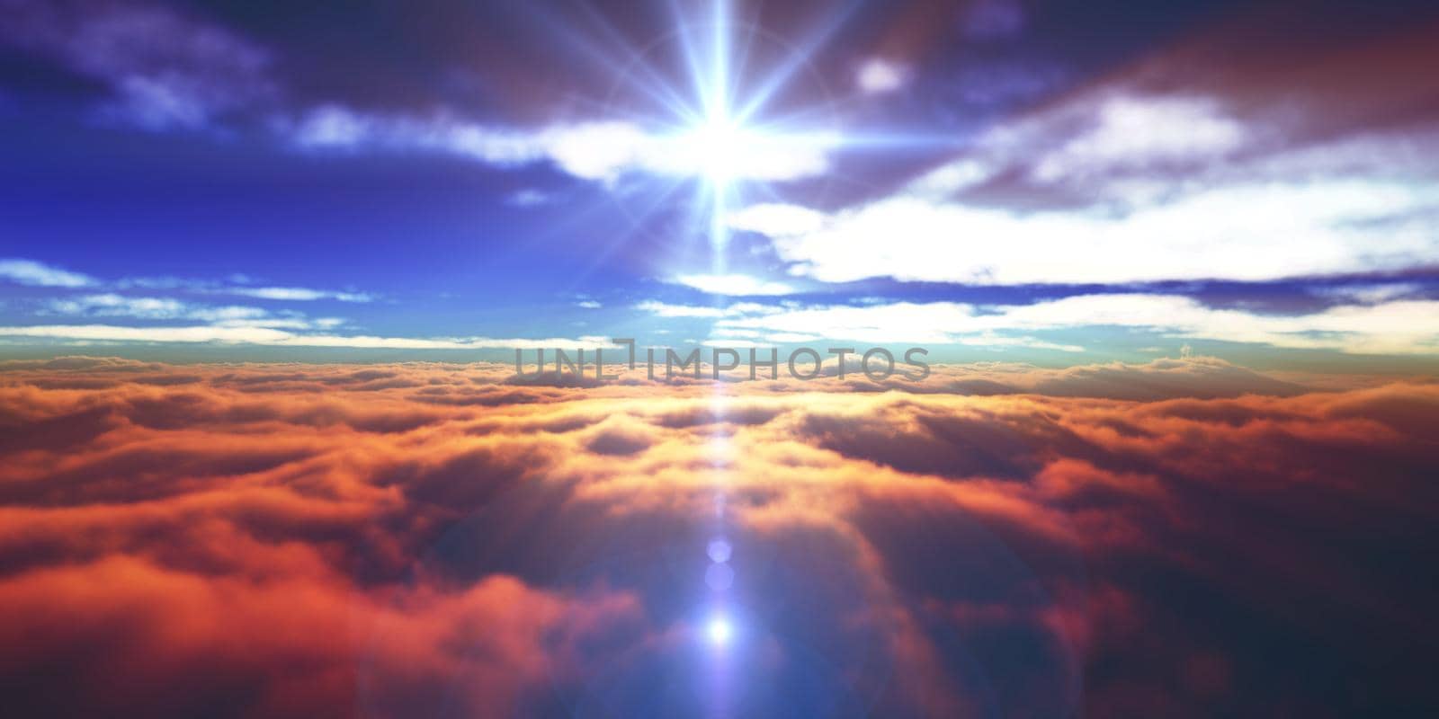 above clouds fly sunset sun ray illustration, 3d render