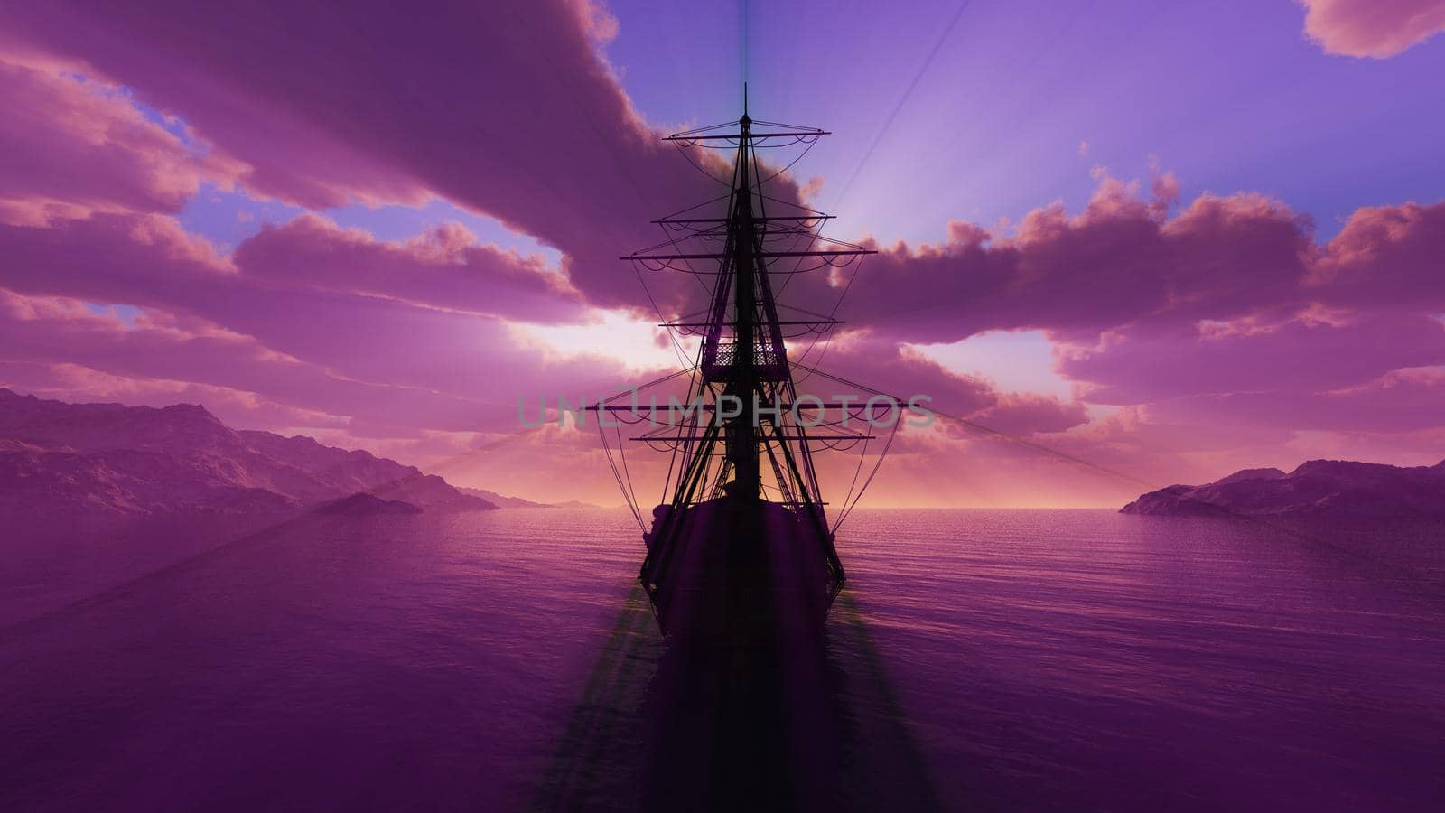old ship sunset at sea 3d rendering by alex_nako