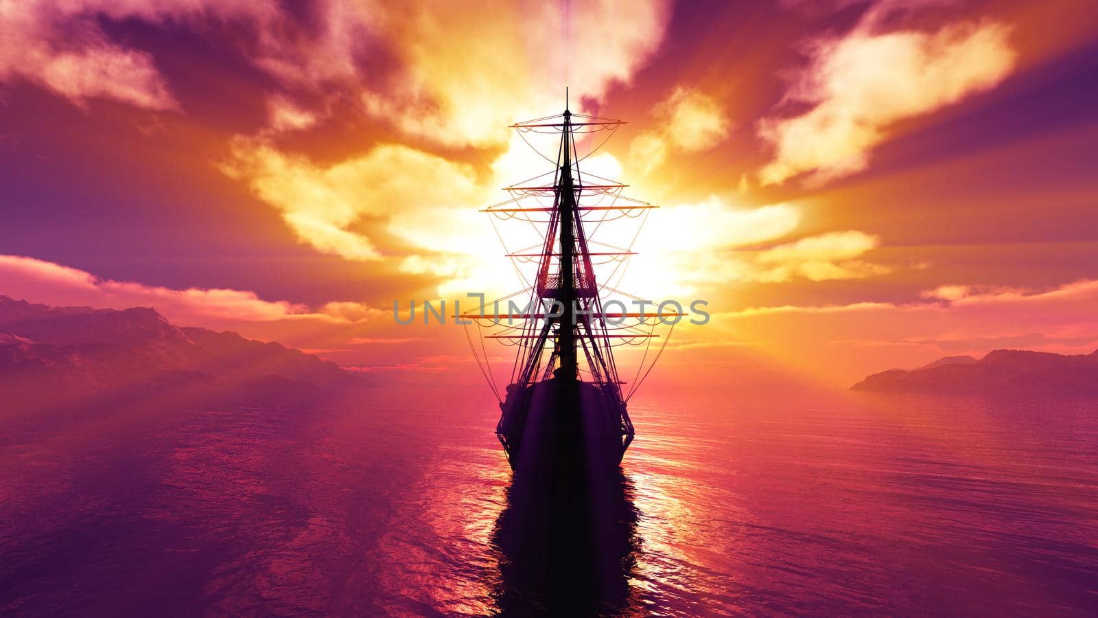 old ship sunset at sea 3d rendering by alex_nako