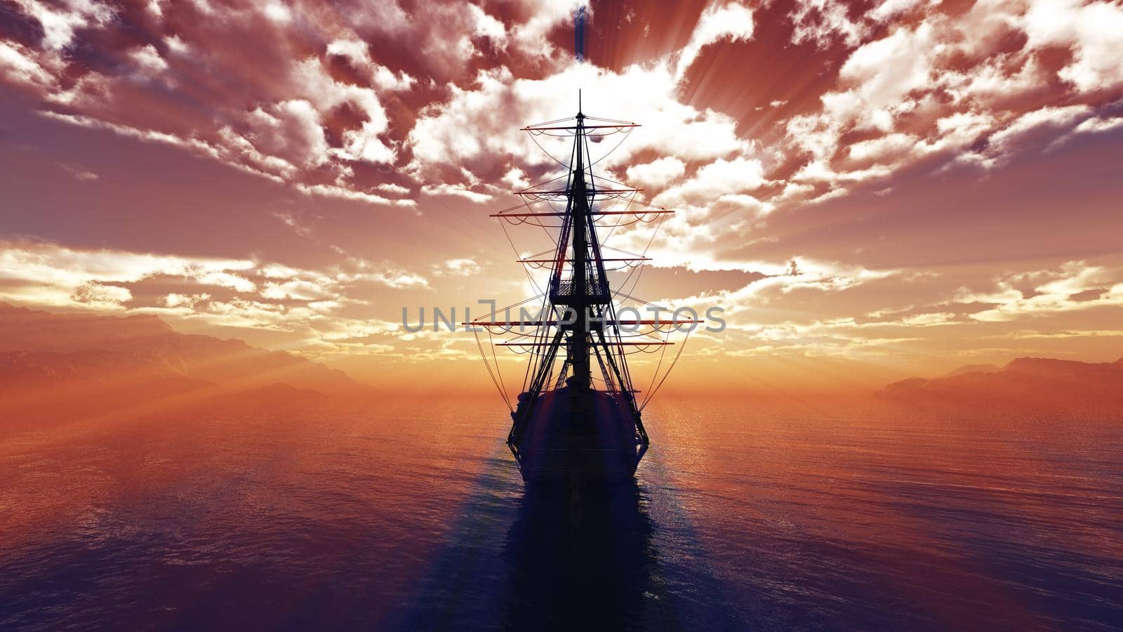 old ship sunset at sea illustration 3d rendering