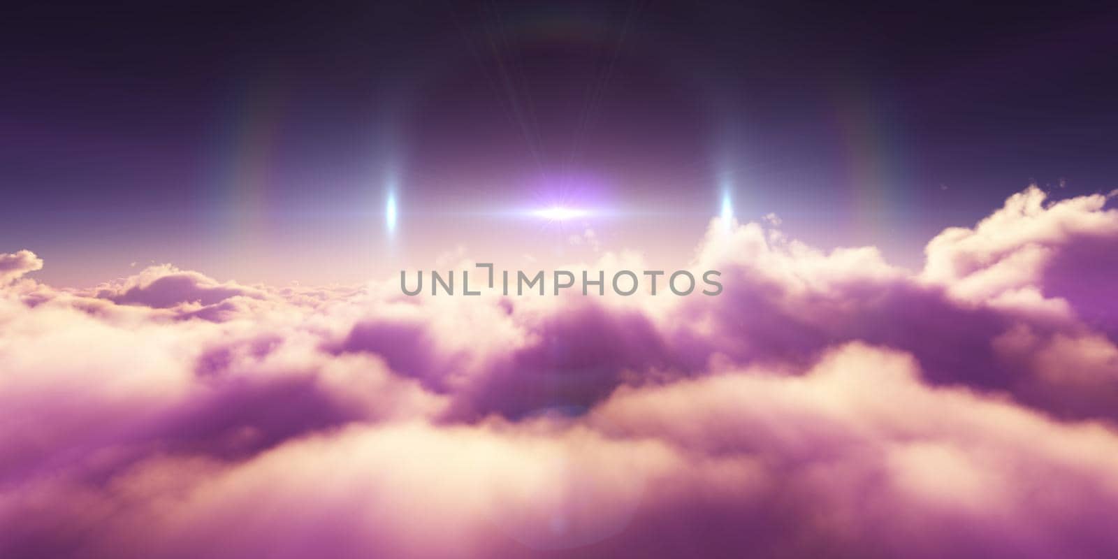 above clouds sunrise sun ray illustration, 3d rendering