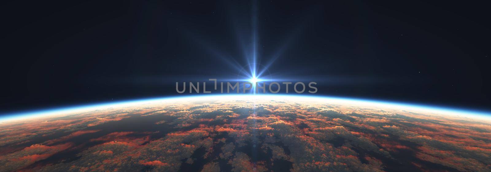Earth sunrise from space over cloudy ocean. 3d rendering by alex_nako