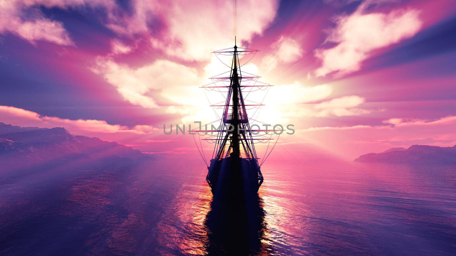 old ship sunset at sea illustration 3d rendering