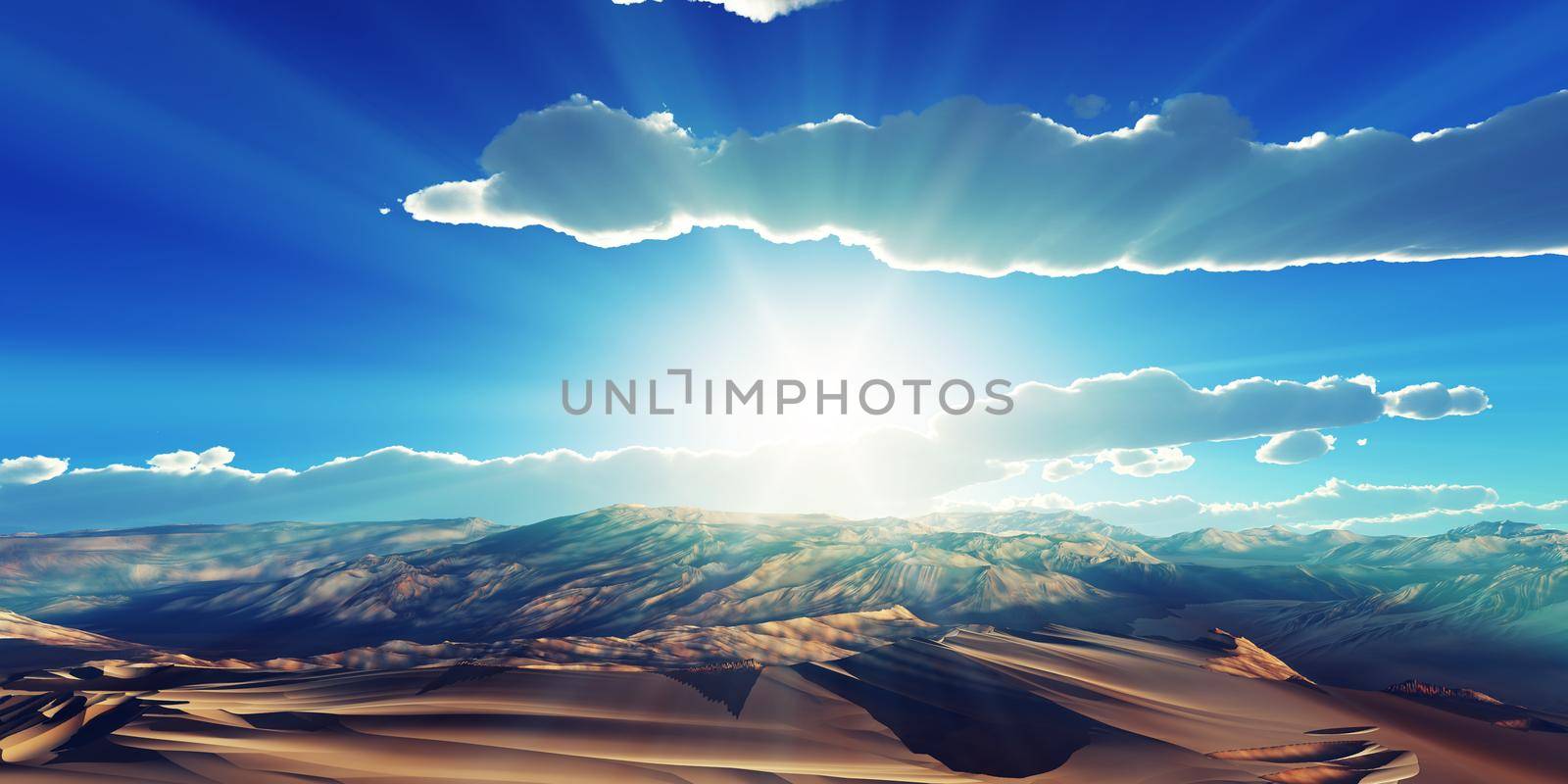 Dunes sunset over the desert. 3d rendering by alex_nako