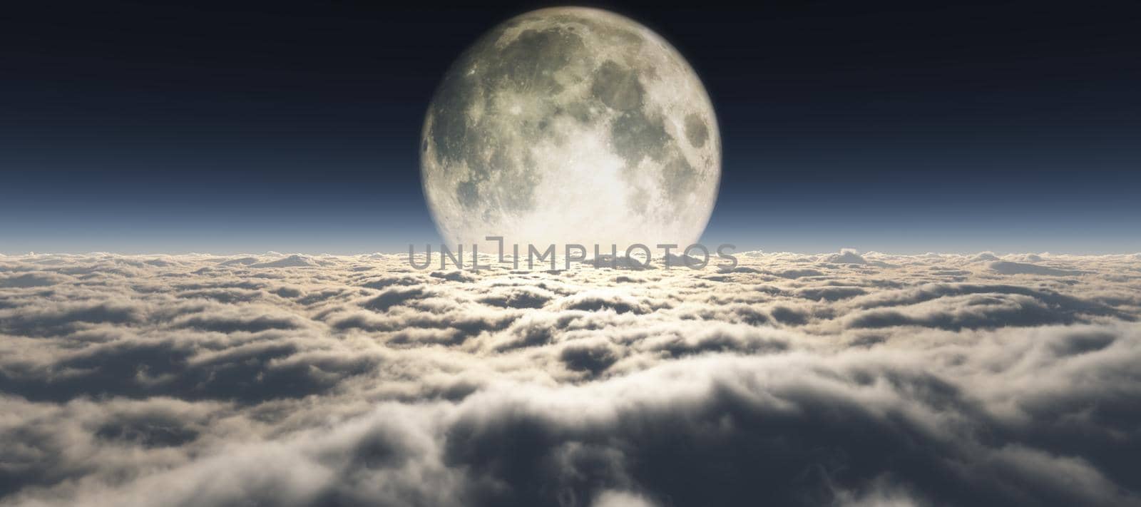 above clouds full moon illustration, 3d rendering