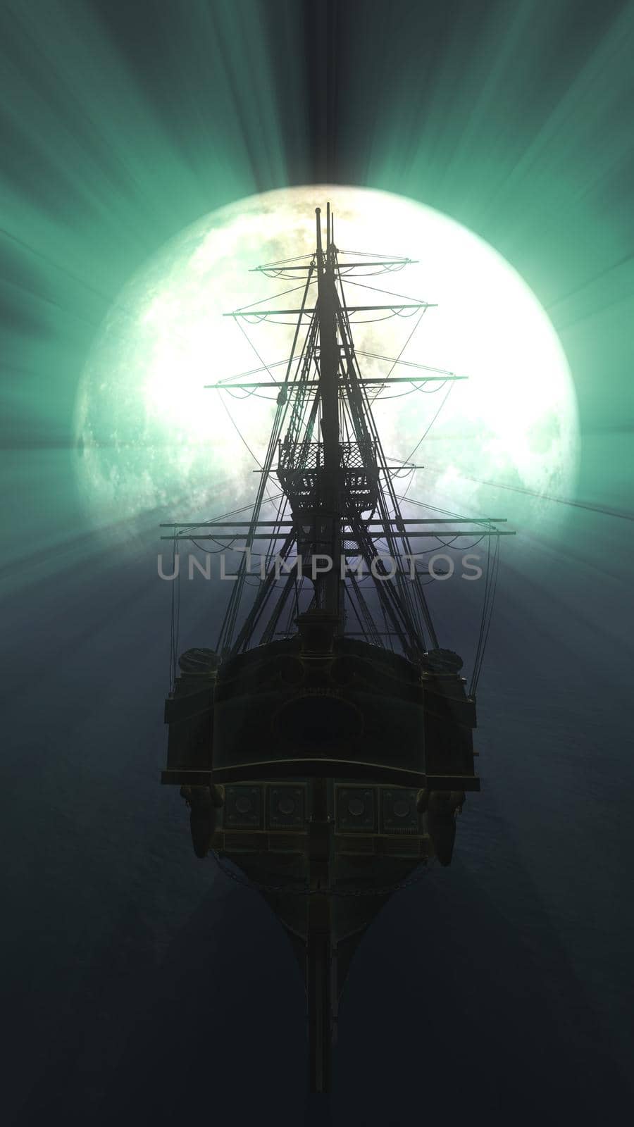 old ship in sea full moon illustration 3d rendering