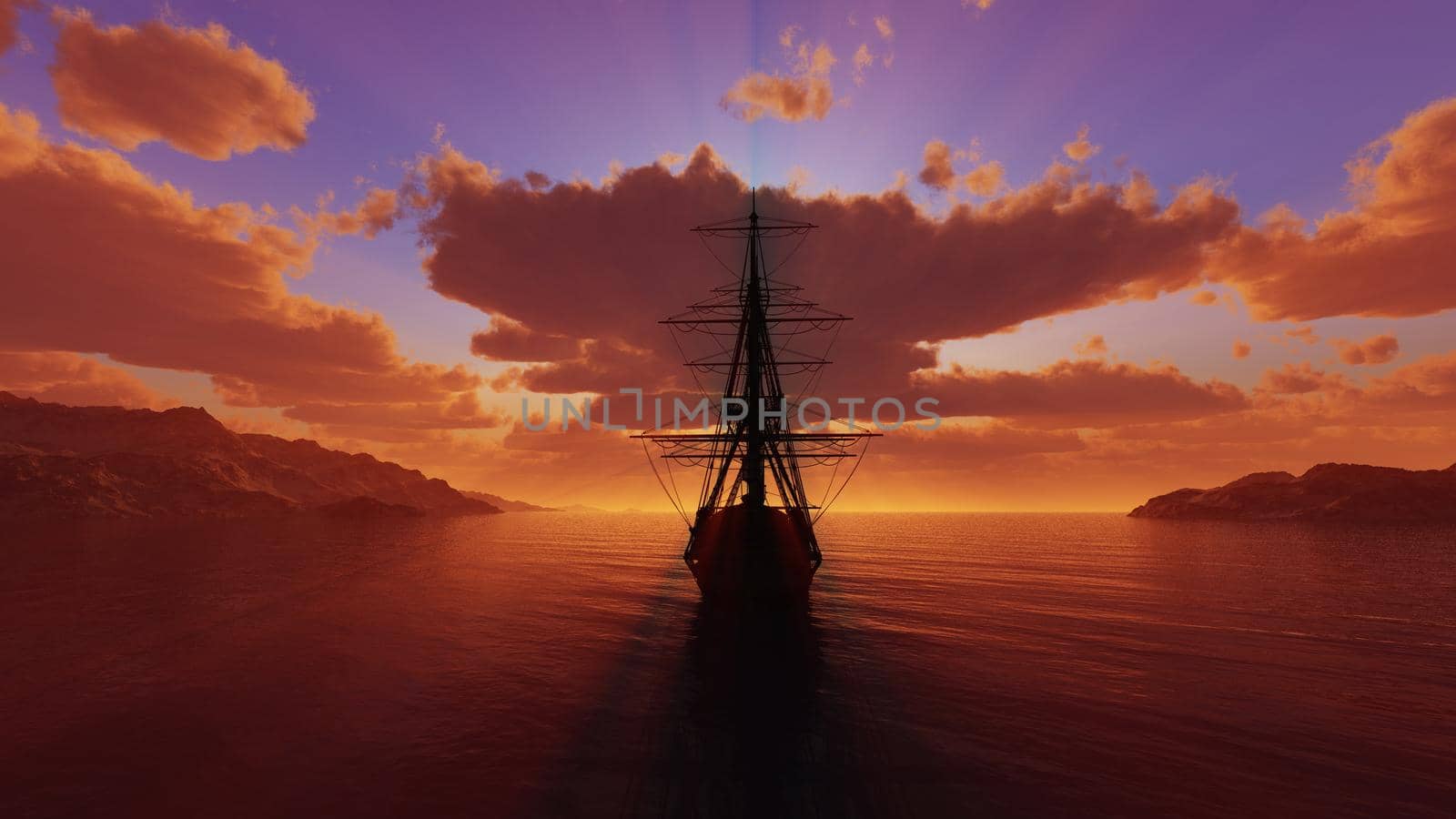 old ship sunset at sea illustration 3d rendering