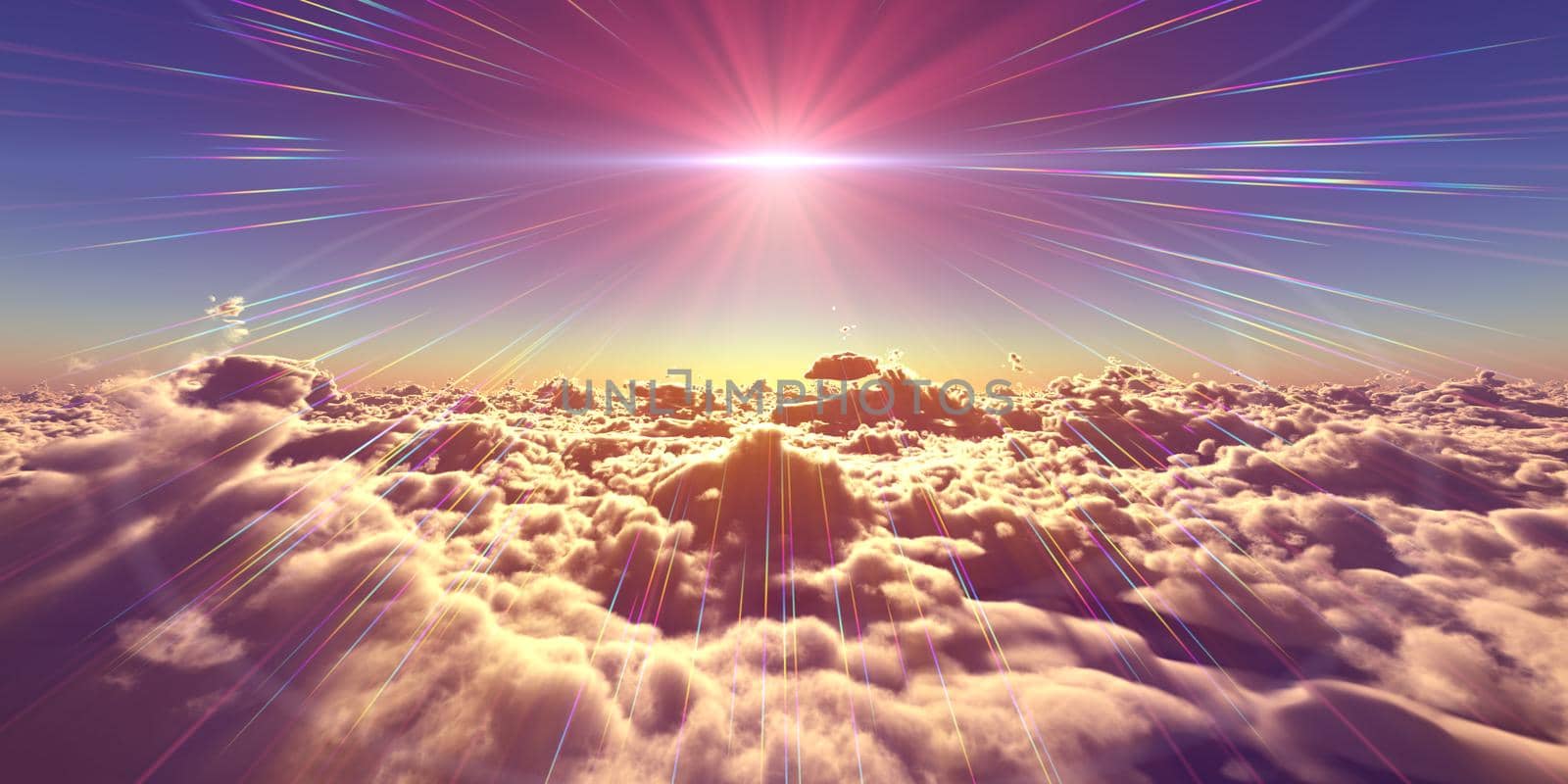 fly above clouds sunset landscape, 3d render illustration