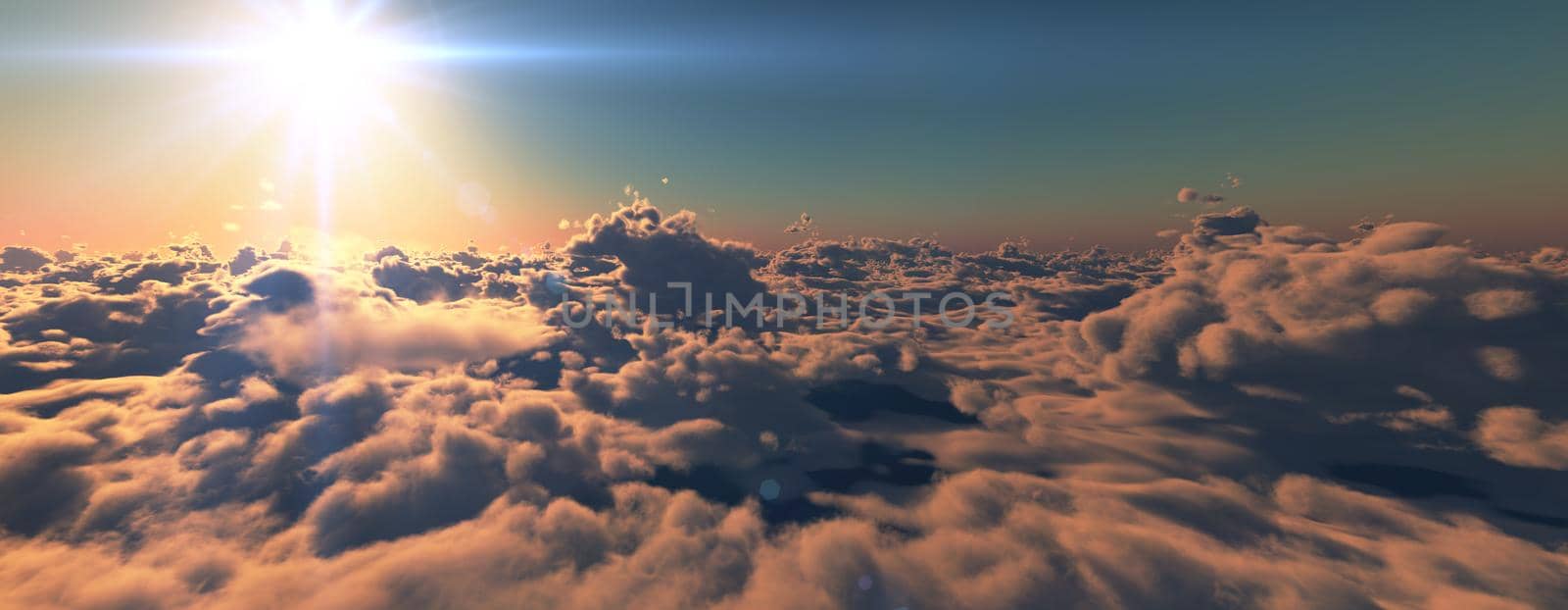 above clouds fly sunset sun ray illustration, 3d render