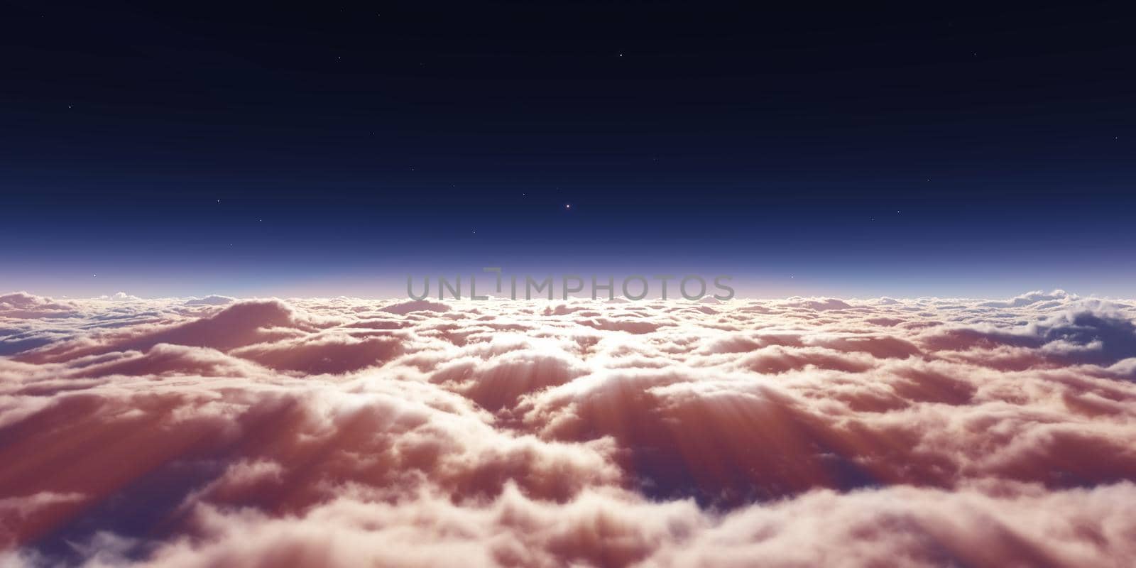 dream fly above clouds ray light, 3d rendering illustration